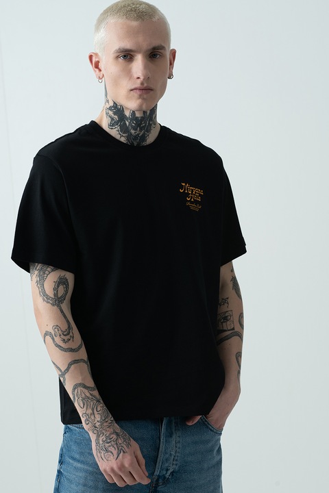 Jack & Jones, Kerek nyakú feliratos pamutpóló, Fekete/Narancssárga/Perzsazöld