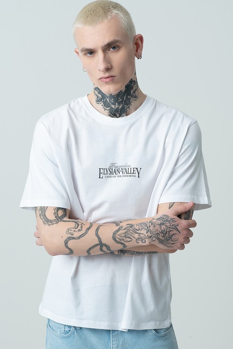 Jack & Jones, Памучна тениска с овално деколте, надпис и графична шарка, Бял/Черен/Син