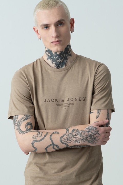 Jack & Jones, Tricou regular fit cu imprimeu text, Maro deschis, S