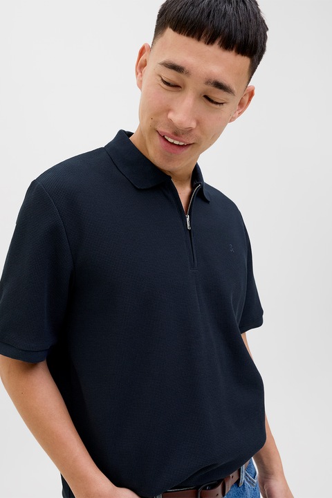 Jack & Jones, Galléros pamuttartalmú póló cipzáros nyakkivágással, Tengerészkék