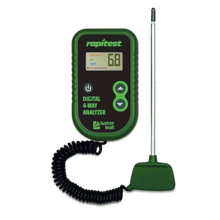 Luster Leaf 1885 kertészeti multifunkciós talajhoz, 4 az 1-ben, termékenység, PH, talajhőmérséklet, fotométer, mellékelt táblázatokkal