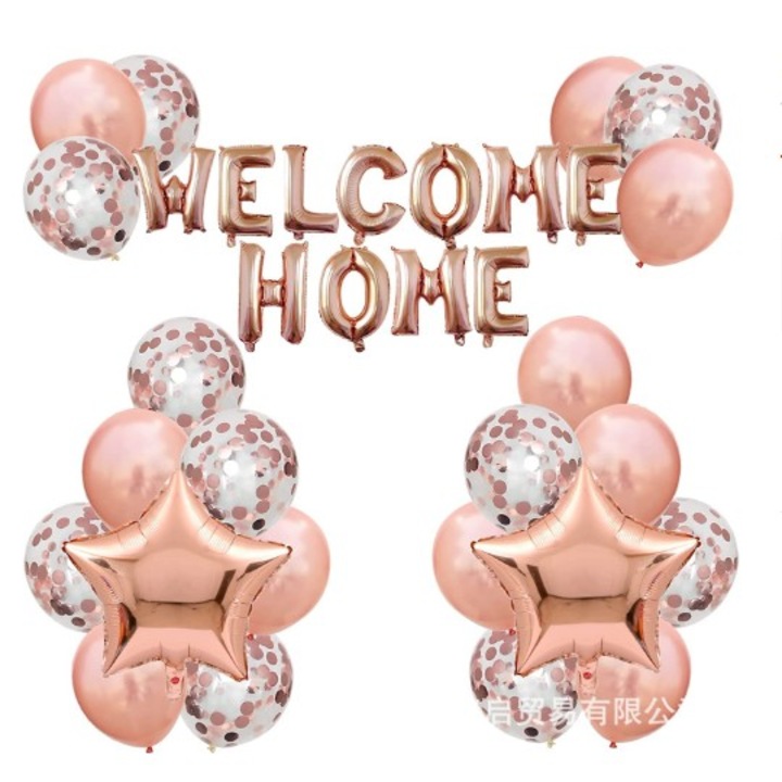 Комплект балони от фолио и латекс, Flippy, WELCOME HOME, 22 части, 20 латексови балона, 2 звезди от фолио, 1 комплект Welcome Home, Розово злато металик
