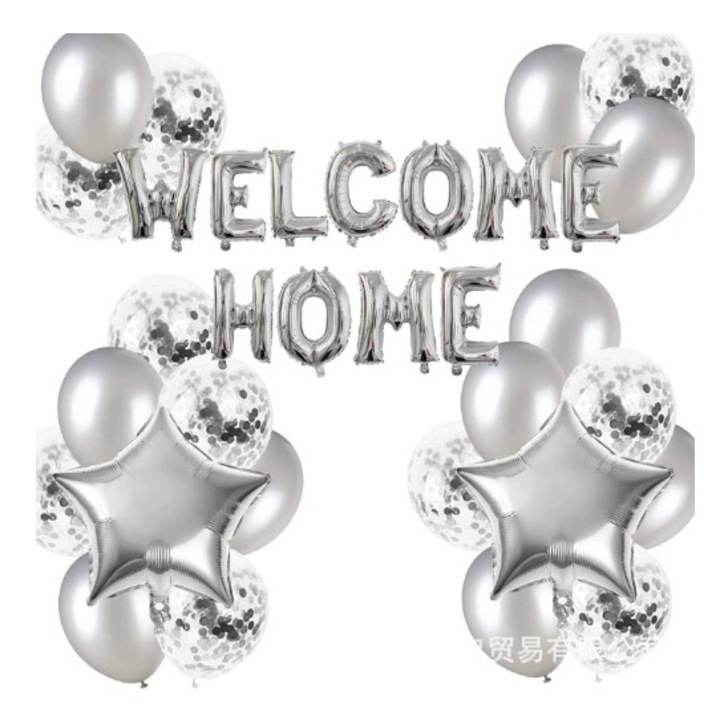 Комплект балони от фолио и латекс, Flippy, WELCOME HOME, 22 части, 20 латексови балона, 2 звезди от фолио, 1 комплект Welcome Home, сребрист