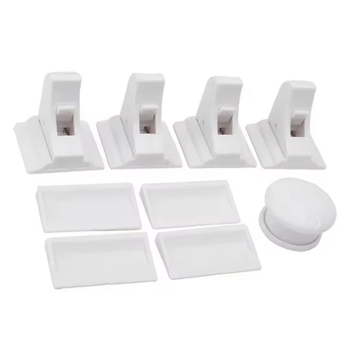 Set 4 bucati incuietori magnetice pentru siguranta copiilor, protectie sertar, alb, usor de instalat