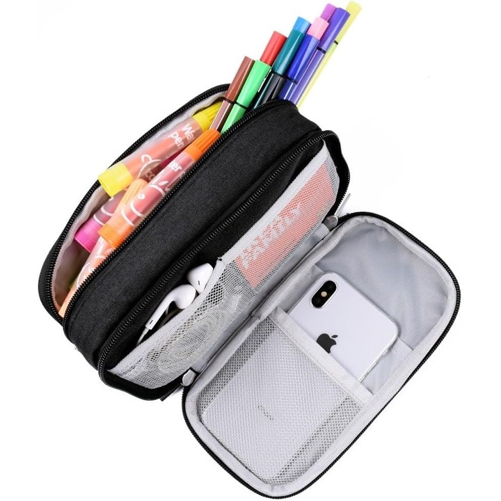 Penare, Etui capacitate mare – Impermeabil, durabil, fermoar neted, compartimente multiple, 3 compartimente, stilou cutie, negru, 21x10x6cm