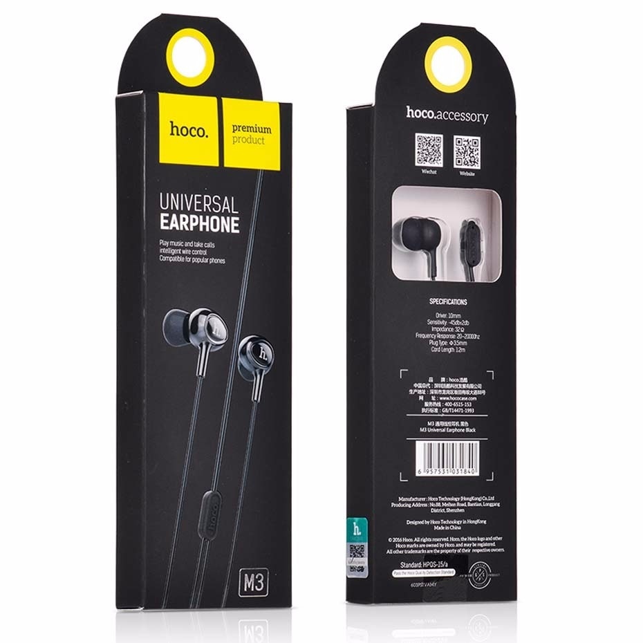 Handsfree Universale - Hoco M3, microfon pe fir, Negre