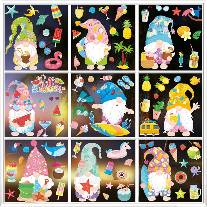 Set stickere decorative pentru feronerie de vara, gnomi, fructe tropicale, multicolor, dimensiune conform imaginii