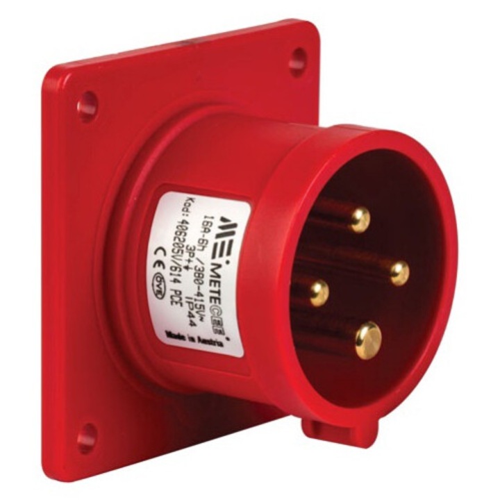 Fisa stecher incastrabil 4 poli 16A 3P+PE drept 380V culoare rosie IP44 6h CEE 70x70mm