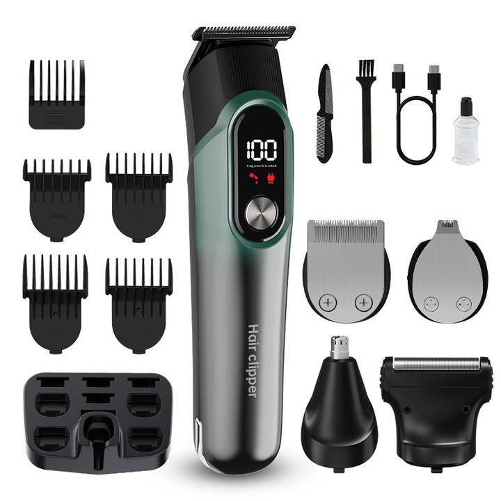 Aparat de tuns pentru barbati, 5 in 1, trimmer pentru barba, nas, urechi, set de tuns, verde
