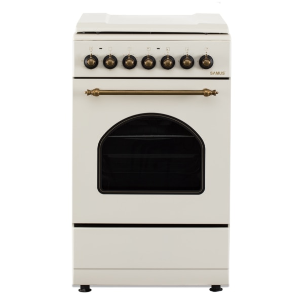 Aragaz Rustic Samus SR550EL3C1, 3 arzatoare pe gaz + 1 electric, Aprindere electrica, Cuptor electric, 48 l, 3 functii, 2200 W, timer mecanic