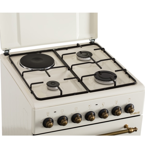 Aragaz Rustic Samus SR550EL3C1, 3 arzatoare pe gaz + 1 electric, Aprindere electrica, Cuptor electric, 48 l, 3 functii, 2200 W, timer mecanic