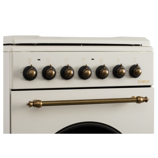 Aragaz Rustic Samus SR550EL3C1, 3 arzatoare pe gaz + 1 electric, Aprindere electrica, Cuptor electric, 48 l, 3 functii, 2200 W, timer mecanic