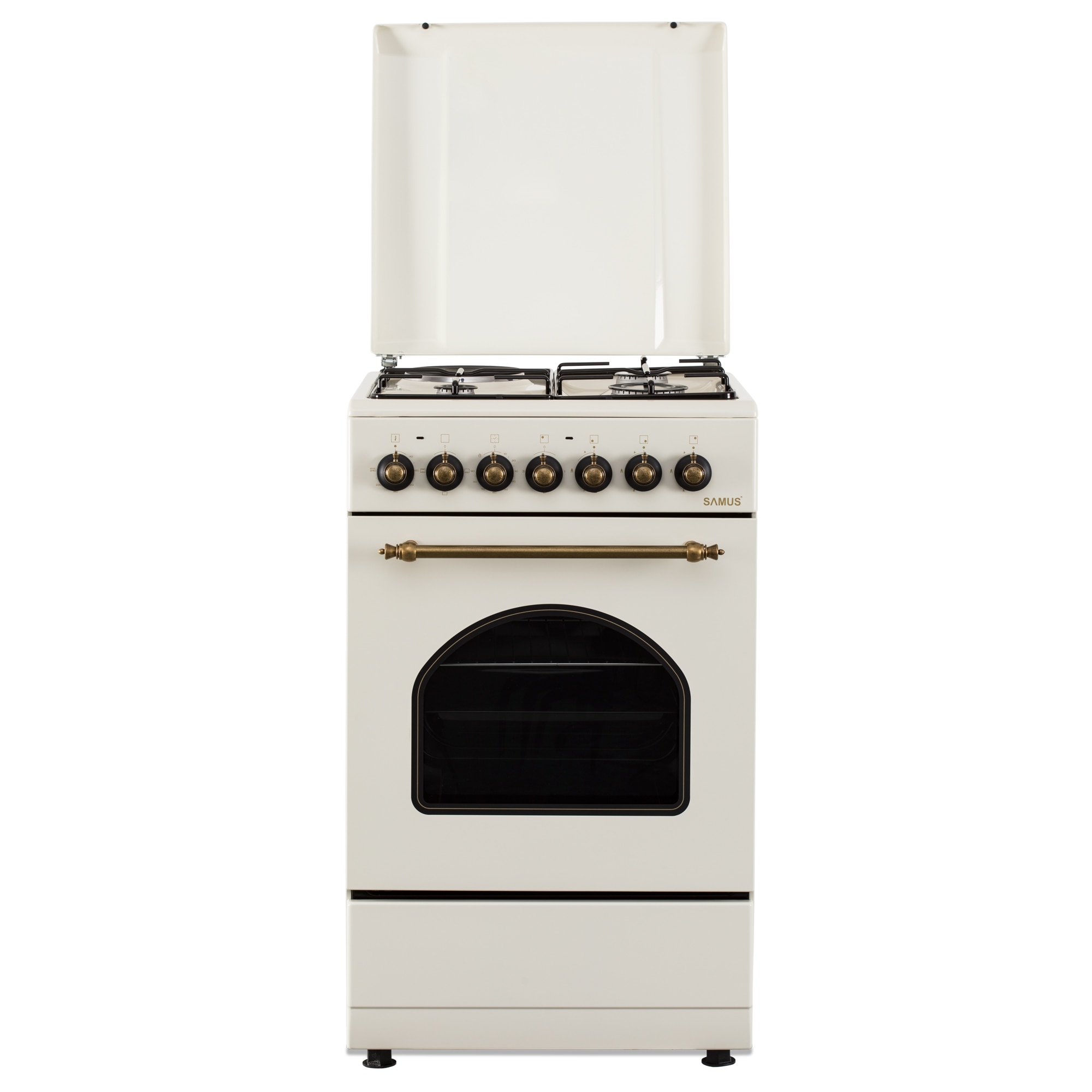 Aragaz Rustic Samus SR550EL3C1, 3 arzatoare pe gaz + 1 electric, Aprindere electrica, Cuptor electric, 48 l, 3 functii, 2200 W, timer mecanic