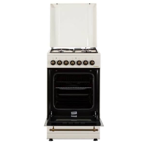 Aragaz Rustic Samus SR550EL3C1, 3 arzatoare pe gaz + 1 electric, Aprindere electrica, Cuptor electric, 48 l, 3 functii, 2200 W, timer mecanic