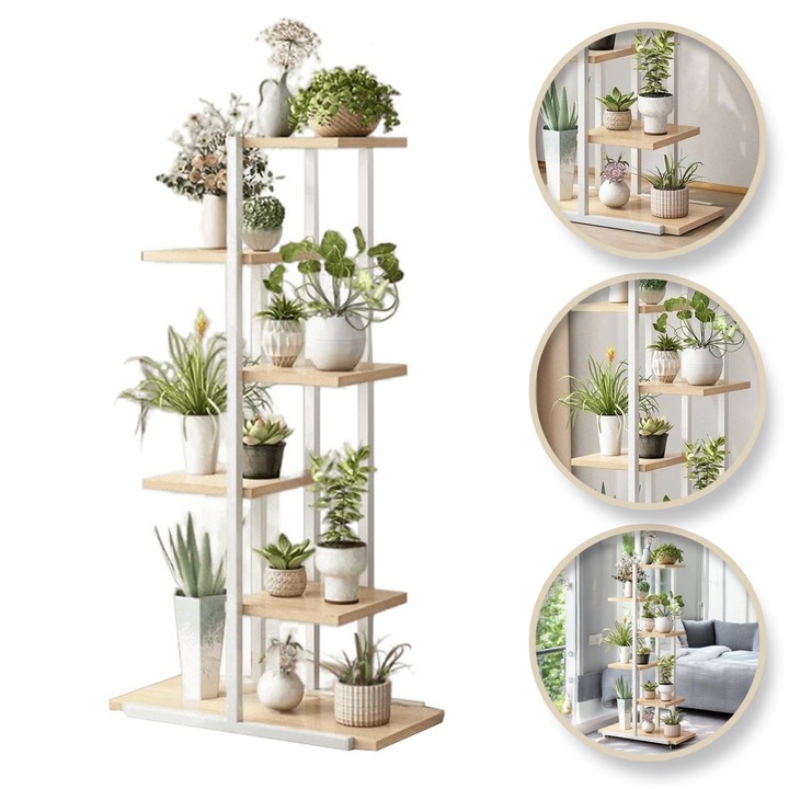 Suport de Flori Alb Tip Biblioteca cu 6 Rafturi