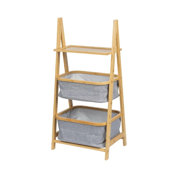 Raft depozitare si organizare KL6553, cu 3 nivele, sertare textile, lemn, 44x34x91 cm, multifunctional, natur/gri