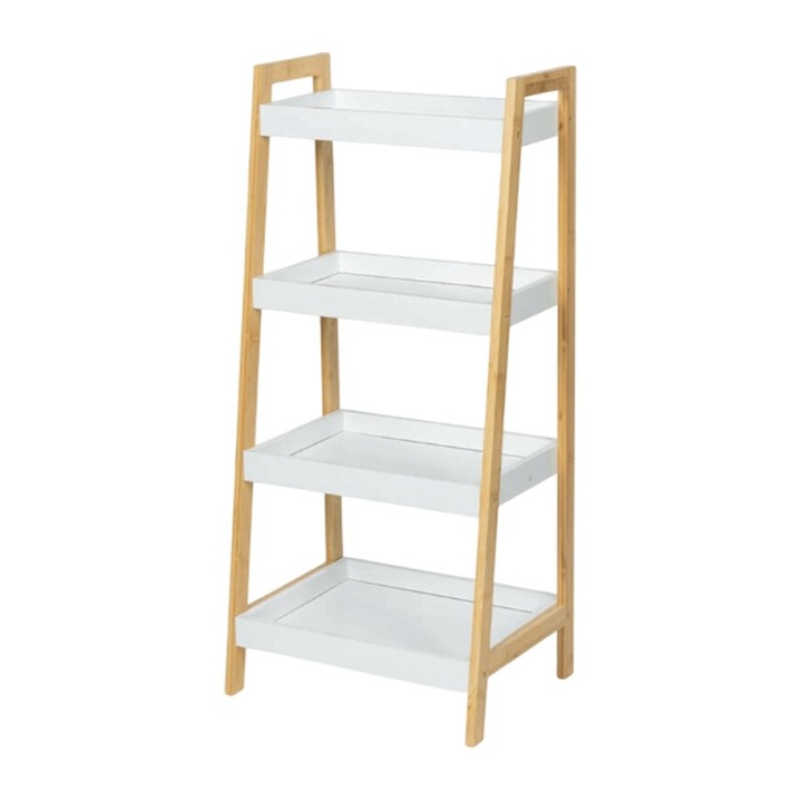 Raft depozitare si organizare KL266, cu 4 nivele, lemn, 39X29.5X85 cm, multifunctional, alb/natur