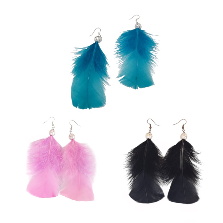 Set 3 perechi cercei in stil boem, cu pene, turcoaz, mov lila si negru, lungi, 12 cm