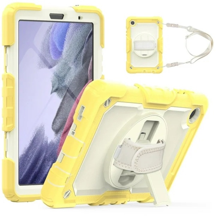 Husa tableta pentru Samsung Galaxy Tab A7 Lite 8.7" SM-T220/T225 (2021), Protectie din cauciuc rezistent la socuri cu 3 straturi, Suport de mana/curea de umar, Galben