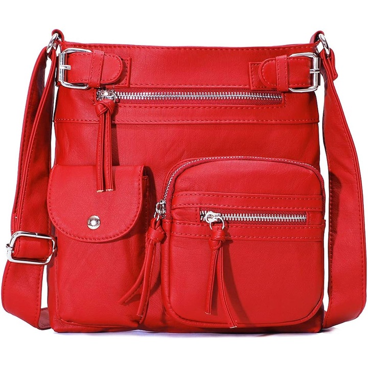 Női crossbody táska, mosott PU bőr, piros, elegáns design, nagy kapacitású