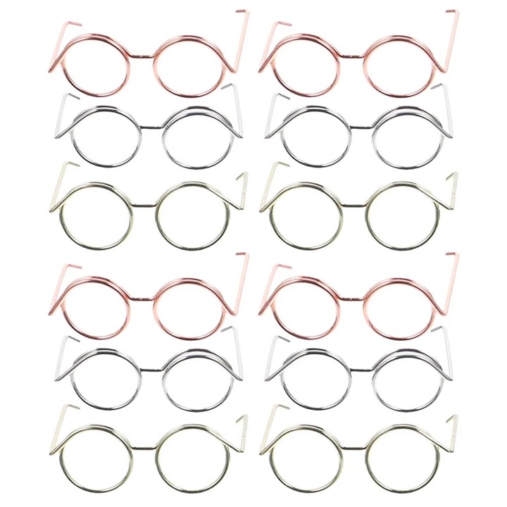 Set 12 Ochelari Miniatura pentru Papusi din Fir de Cupru, Asortati, 3.50x2.40x1.50cm