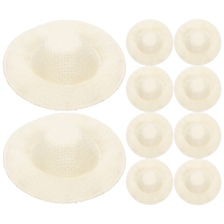 Set 10 palarii mini din panza, bej, 8x8x1.5cm, accesorii pentru papusi