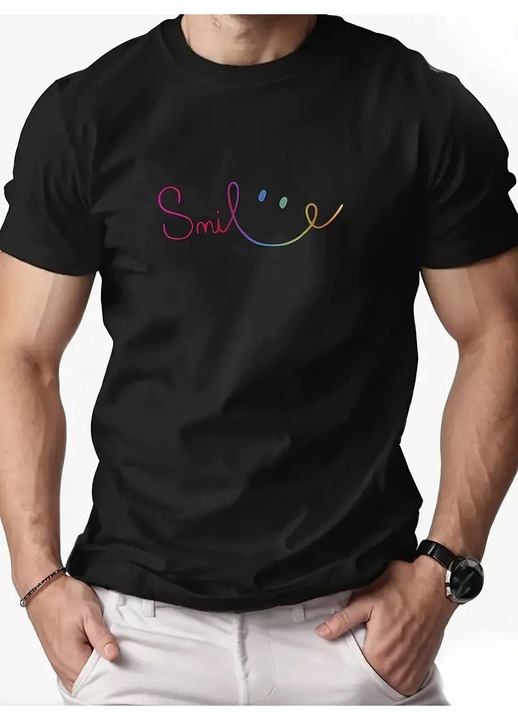 Tricou Barbati, Smile, Casual, Street Style, Negru