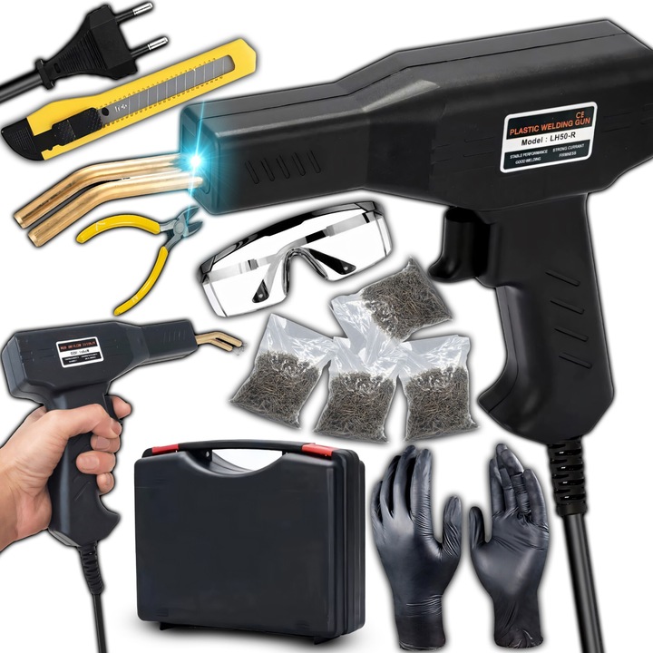 Trusa Aparat sudat plastic RETOO FixIt, 50W, 230V/0.5A, Curent Reglabil 0-15A, Temperatura pana la 750°C, cu 800 de capse incluse, Iluminare LED Alba, Constructie din Aluminiu si Plastic, Dimensiuni 22x4x15 cm, Cutie de Transport Inclusa