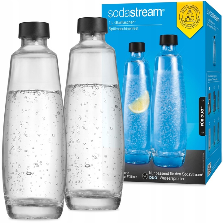 Set sticle din sticlă, Sodastream, capac etanș din oțel inoxidabil, reutilizabil, 2 bucăți