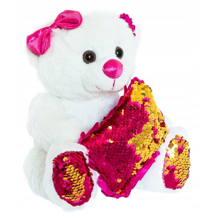 Ursulet de plus cu perna din matase, SmilyPlay, alb/roz