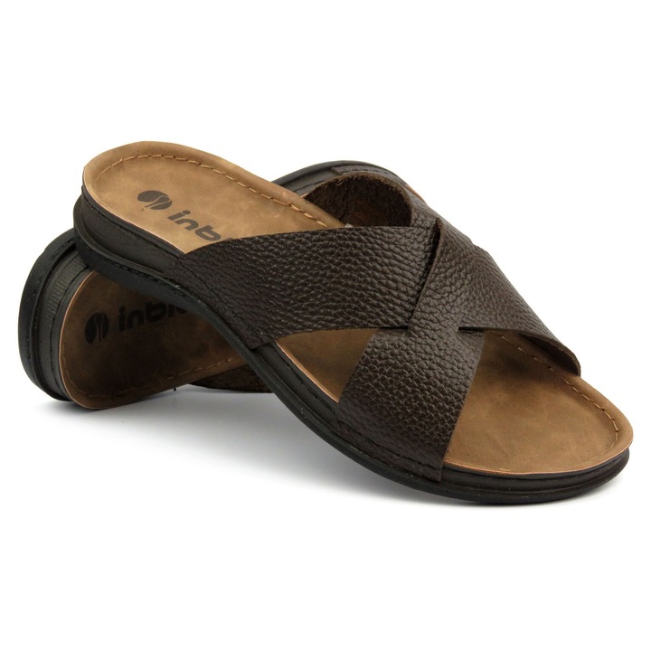 Slapi barbati, INBLU, GV-01I, piele naturala, maro inchis, 45 EU