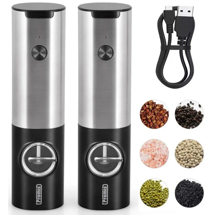 Set 2 Mlynki electrice pentru piper si sare PROMIS MP36 DUO, alimentare USB-C, culoare neagra, 21cm