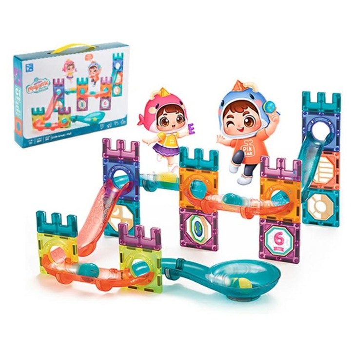 Set de construit, blocuri magnetice, 54 elemente, 32x23x5.5cm, multicolor