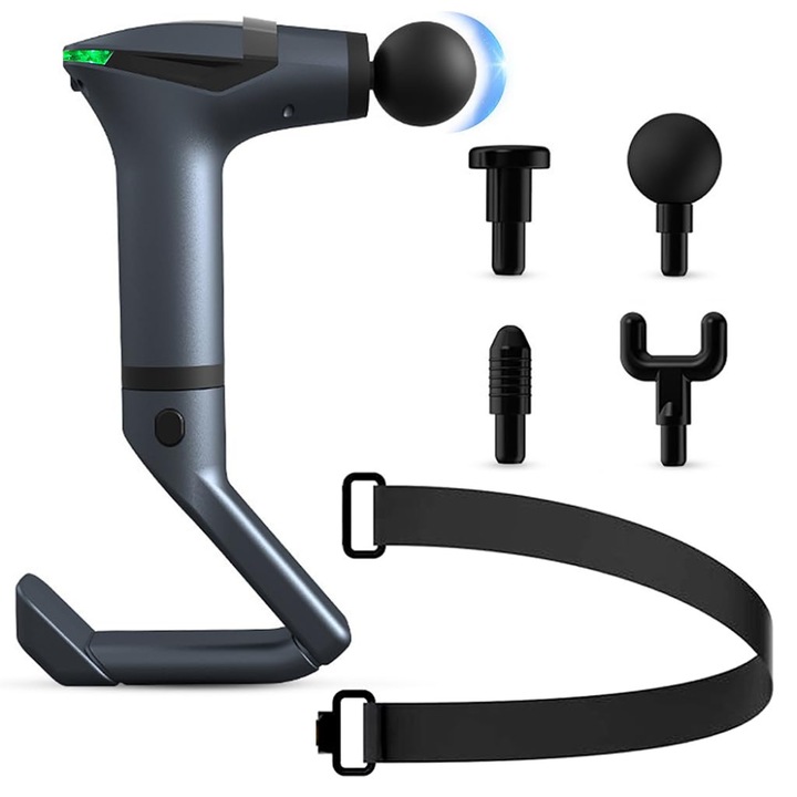 Професионален масажен пистолет Velixo, 4 сменяеми глави, вибрационна лента, удължителна дръжка, 12 скорости, 3300 rpm, LCD екран, за гръб, гърди, ръце, крака, рамене, мускулна релаксация и тонизиране, включен USB-C кабел, сив