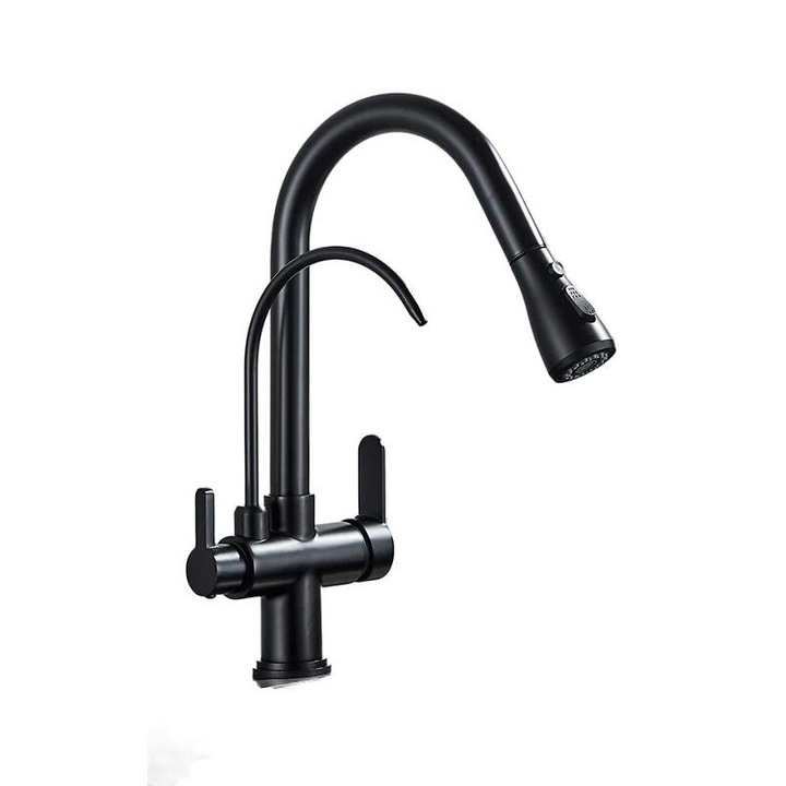 Konyhai csaptelep, két fogantyús kivitel, visszahúzható zuhany funkció, matt fekete, munkalapra szerelhető