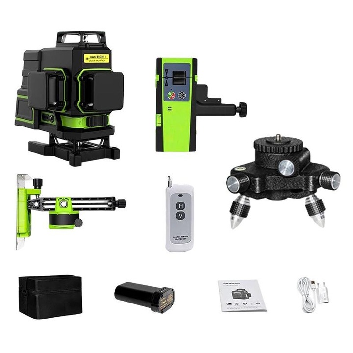 Nivel laser verde 3D/4D, functie de auto-nivelare, cu suport magnetic, telecomanda, baterie 5200mAh, distanta de lucru 30m