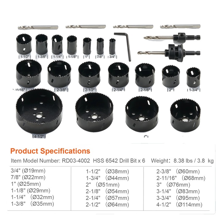 Fúrószerszám készlet, 1 1/18 darabos, bimetál M42, 6-35 mm, vágási mélység 38 mm, imbuszkulccsal és hordtáskával