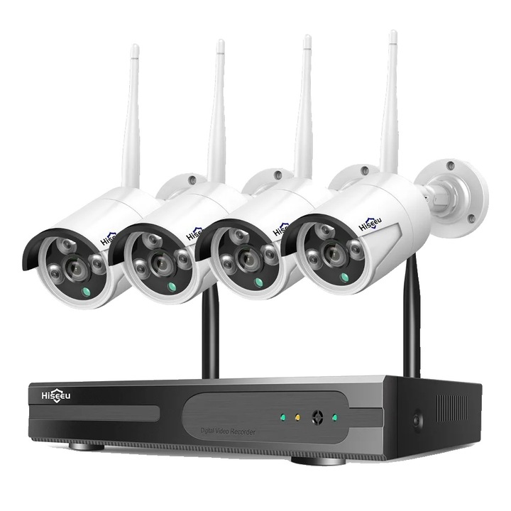 Система за наблюдение Hiseeu, 4 камери, 3MP, IP66 водоустойчив, AI човешко откриване, двупосочно аудио, черно/бяло