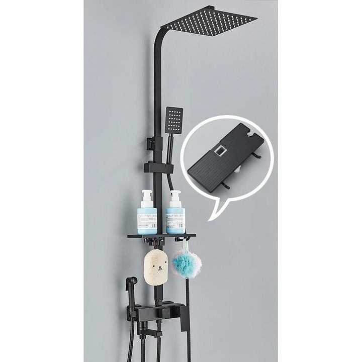 Set de dus, design modern, constructie din inox, negru mat, 29x19cm