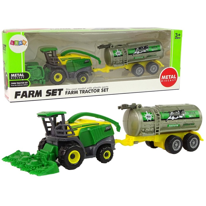 Vehicul agricol din plastic, leantoys, set cu remorca, verde si galben, 9x4x4cm