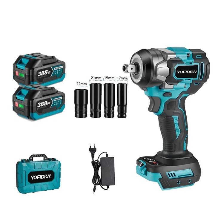 Cheie cu impact YOFIDRA, 1200N.m, 6800rpm, set cu 2 acumulatori, cutie plastic