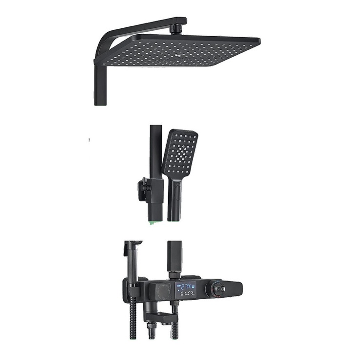 Coloana de dus termostatica, neagra mata, cu cap de dus ABS, dus cu 3 moduri, mixer de apa din alama, suport pentru prosoape, dispenser de sapun