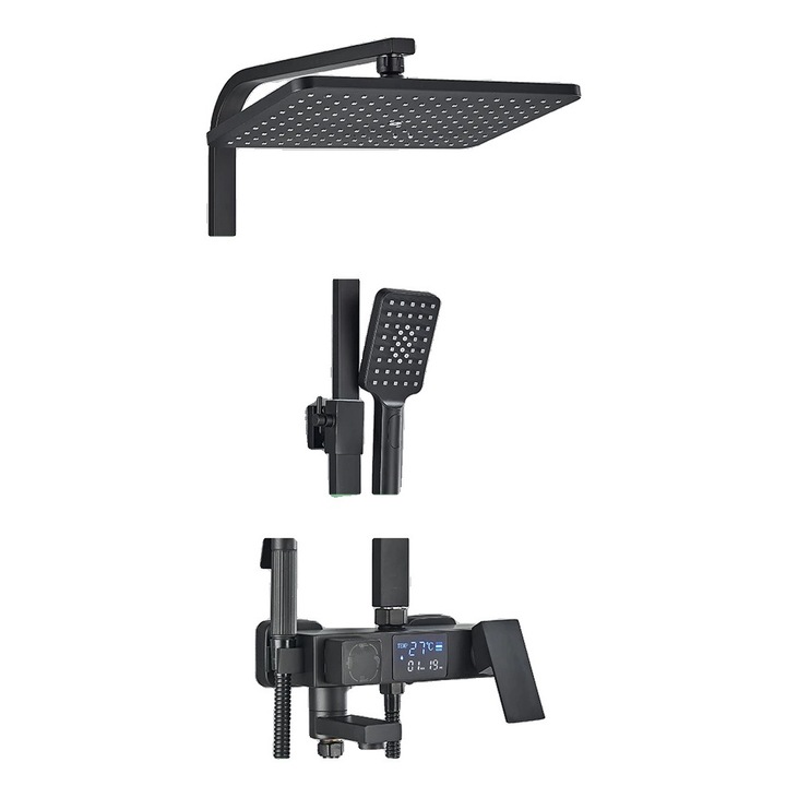 Coloana de dus cu control termostatic, mixer apa calda si rece din alama, cap de dus ABS, suport prosoape, dispenser sapun, negru mat, 10 inch