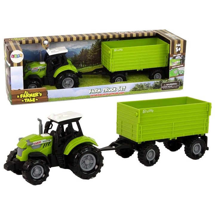 Tractor cu remorca, verde, dimensiuni 25,5x8x6,5cm, set pentru copii, certificat CE