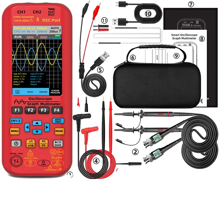 Osciloscop portabil cu multimetru, 50MHz, 250MSa/s, 20000 counts, 216.6x84.5x36mm, set O9 kits-50MHz