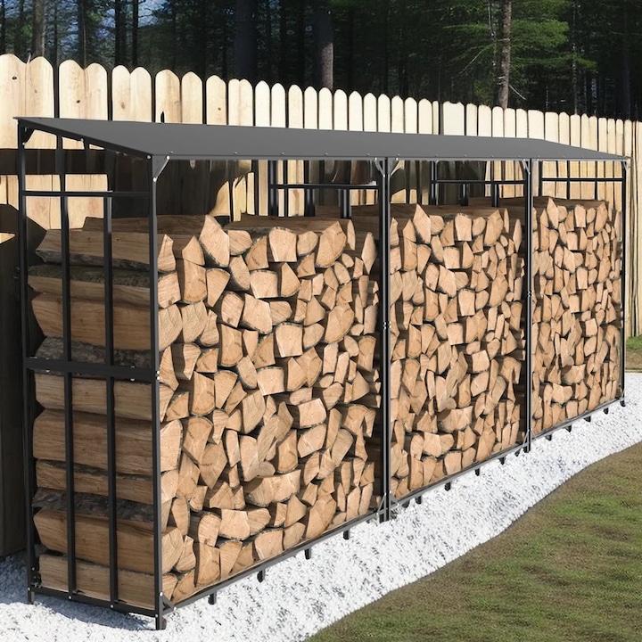 Suport lemne de foc, metal, capacitate mare, negru, 156.5x60x176.5cm