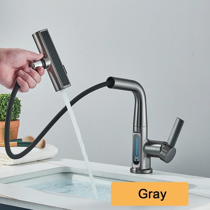 Fürdőszoba mosogató csaptelep, intelligens vízáram-kijelző, tartós sárgaréz szerkezet, szürke