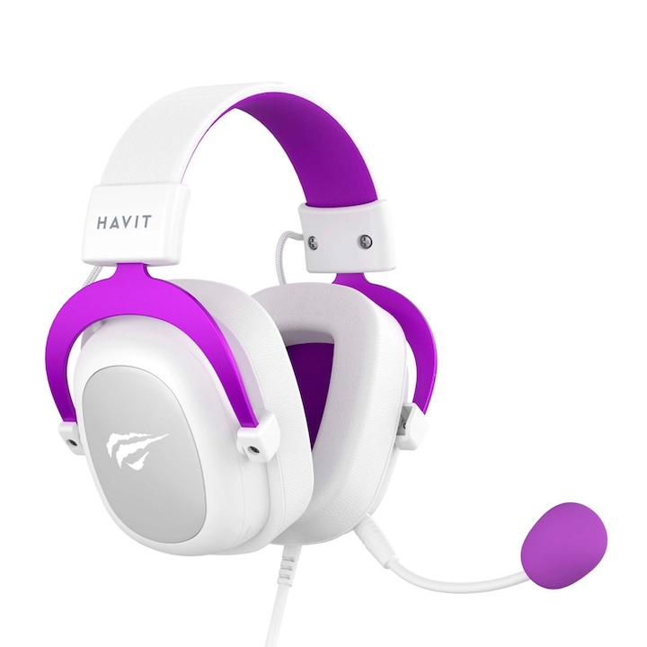 Casti gaming Havit, alb/violet, cablu 1m, stereo