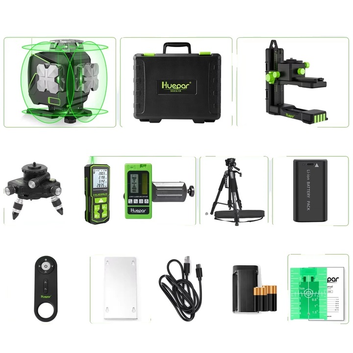 Лазерен нивелир Huepar 4D, 16 линии, литиево-йонна батерия, стенен монтаж, лазерен детектор, статив, Bluetooth дистанционно управление