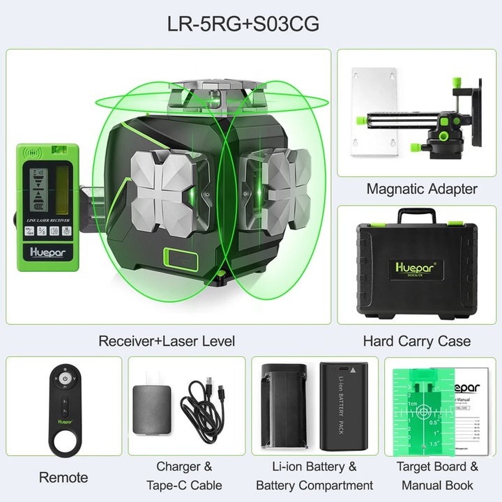 Лазерен нивелир Huepar, 12-редова проекция, с детектор, 37x14x30cm